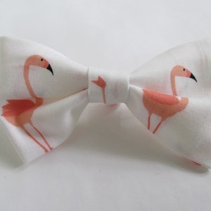 May include: White bow tie with a pink flamingo pattern.