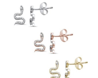 Minimal Snake Serpent 14k Solid White, Yellow, or Rose Gold Natural Diamond Prong Set Push Back Cluster Earrings Studs