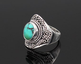 Turquoise Boho Ring Simple Dainty Turquoise Ring December Birthstone Natural Turquoise Gemstone Filigree Gypsy 925 Sterling Silver Ring