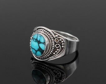 Turquoise Boho Ring Simple Dainty Turquoise Ring December Birthstone Natural Turquoise Gemstone Filigree Gypsy 925 Sterling Silver Ring