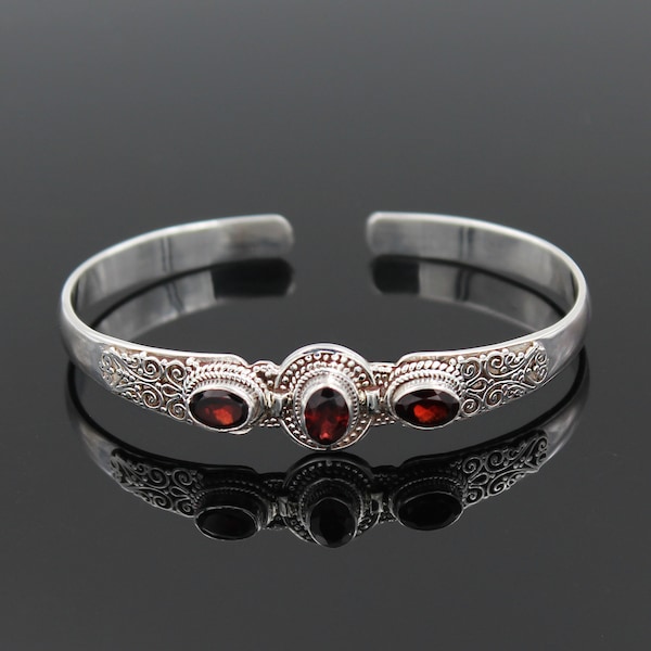 Garnet Bracelet. Natural Red Garnet Stone 925 Sterling Silver Cuff Bangle. Petite Adjustable Filigree Artisan Bracelet. January Birthstone