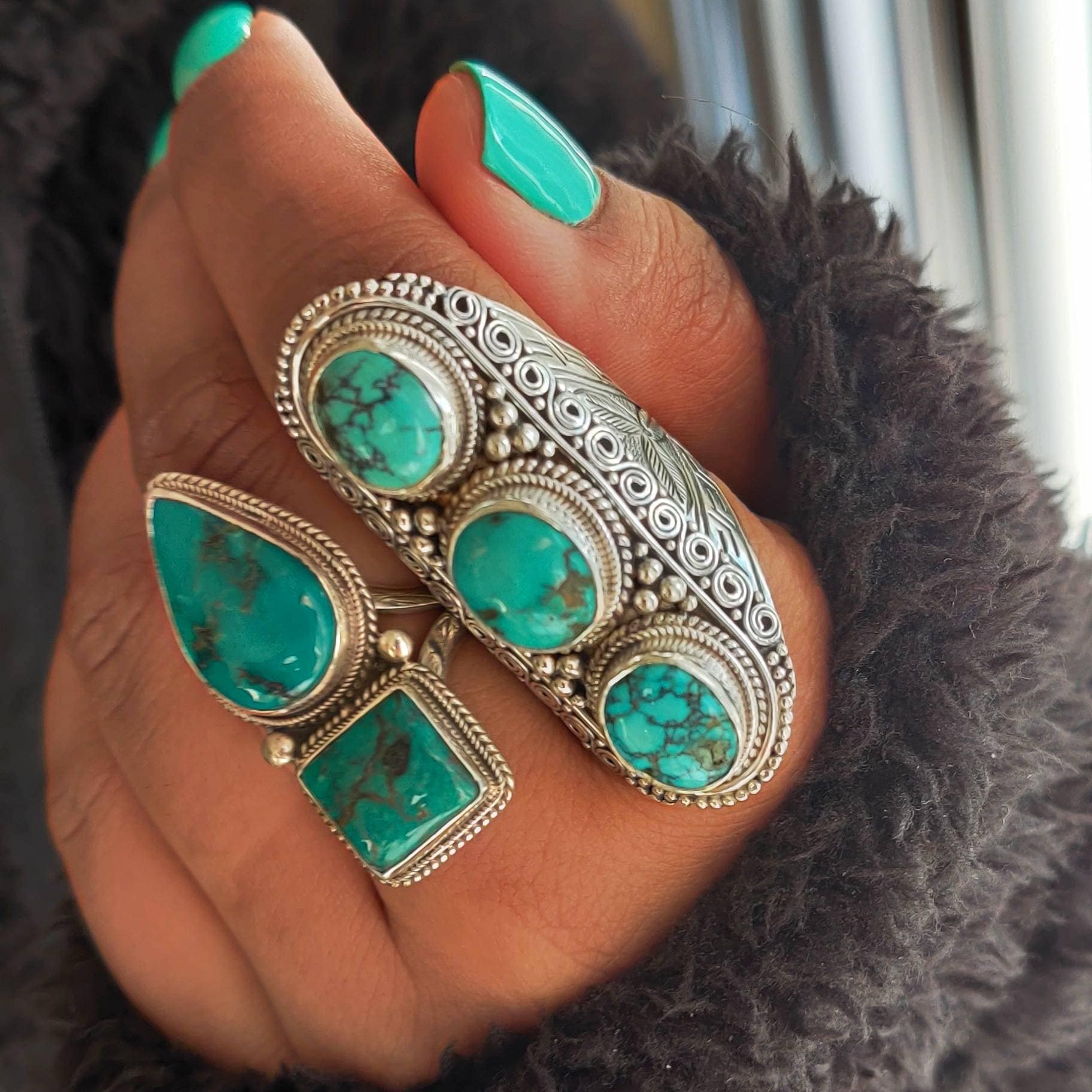 3 Stone Cluster Turquoise on Floral Engraved 925 Sterling Etsy