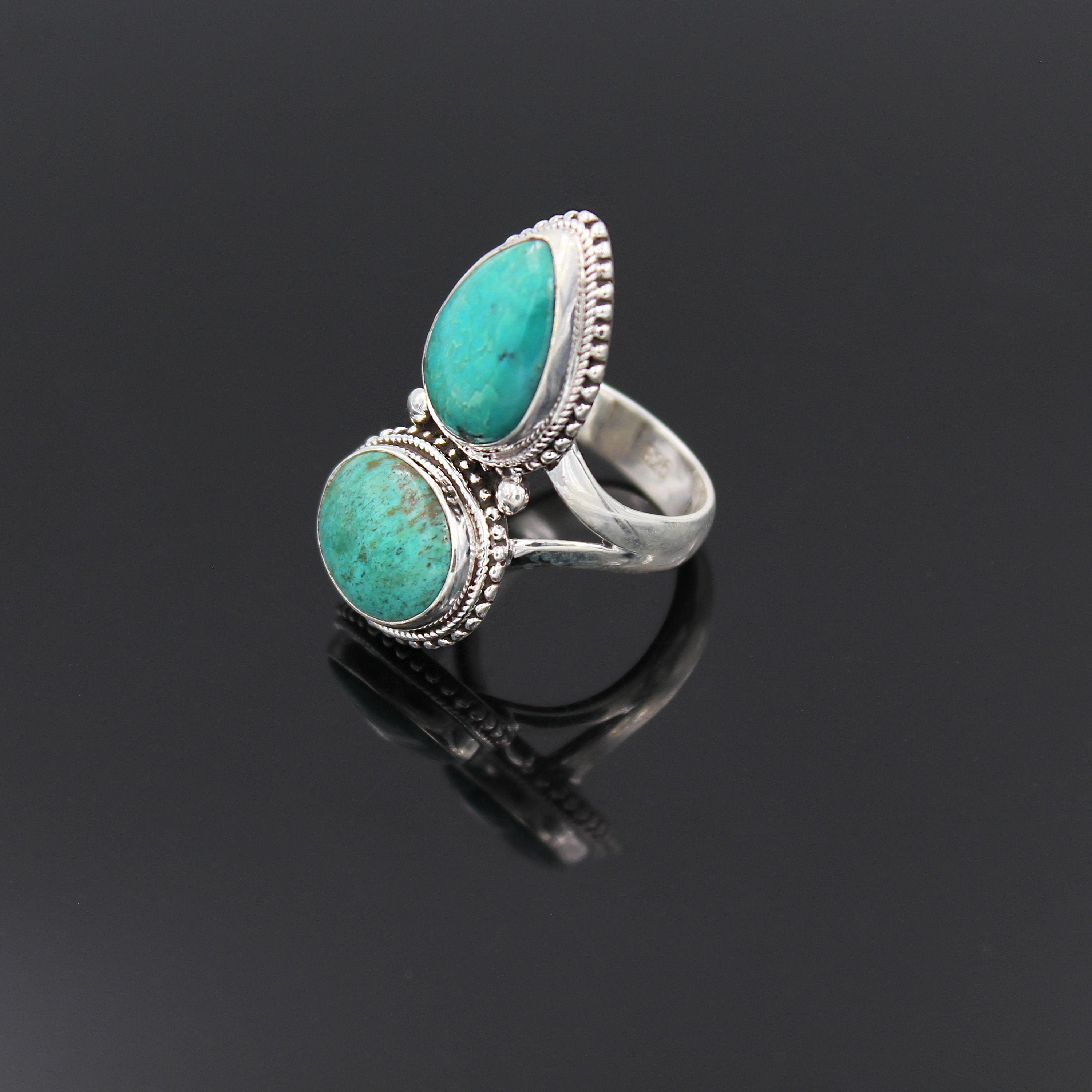 Turquoise Ring. Double Natural Turquoise 925 Sterling Silver Ring. Bo…