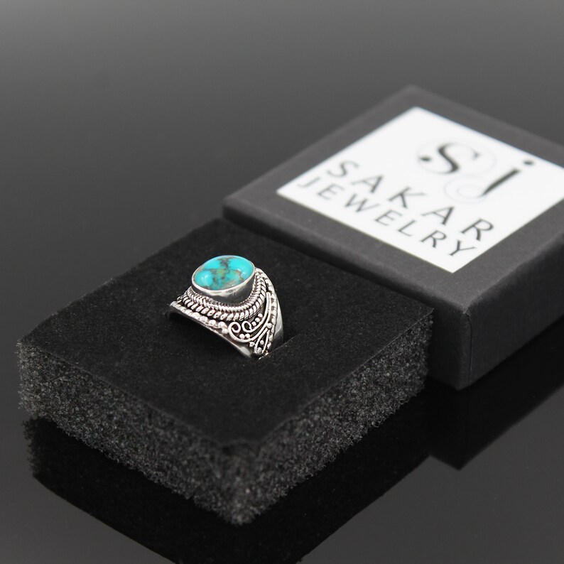 Turquoise Boho Ring Simple Dainty Turquoise Ring December Birthstone Natural Turquoise Gemstone Filigree Gypsy 925 Sterling Silver Ring