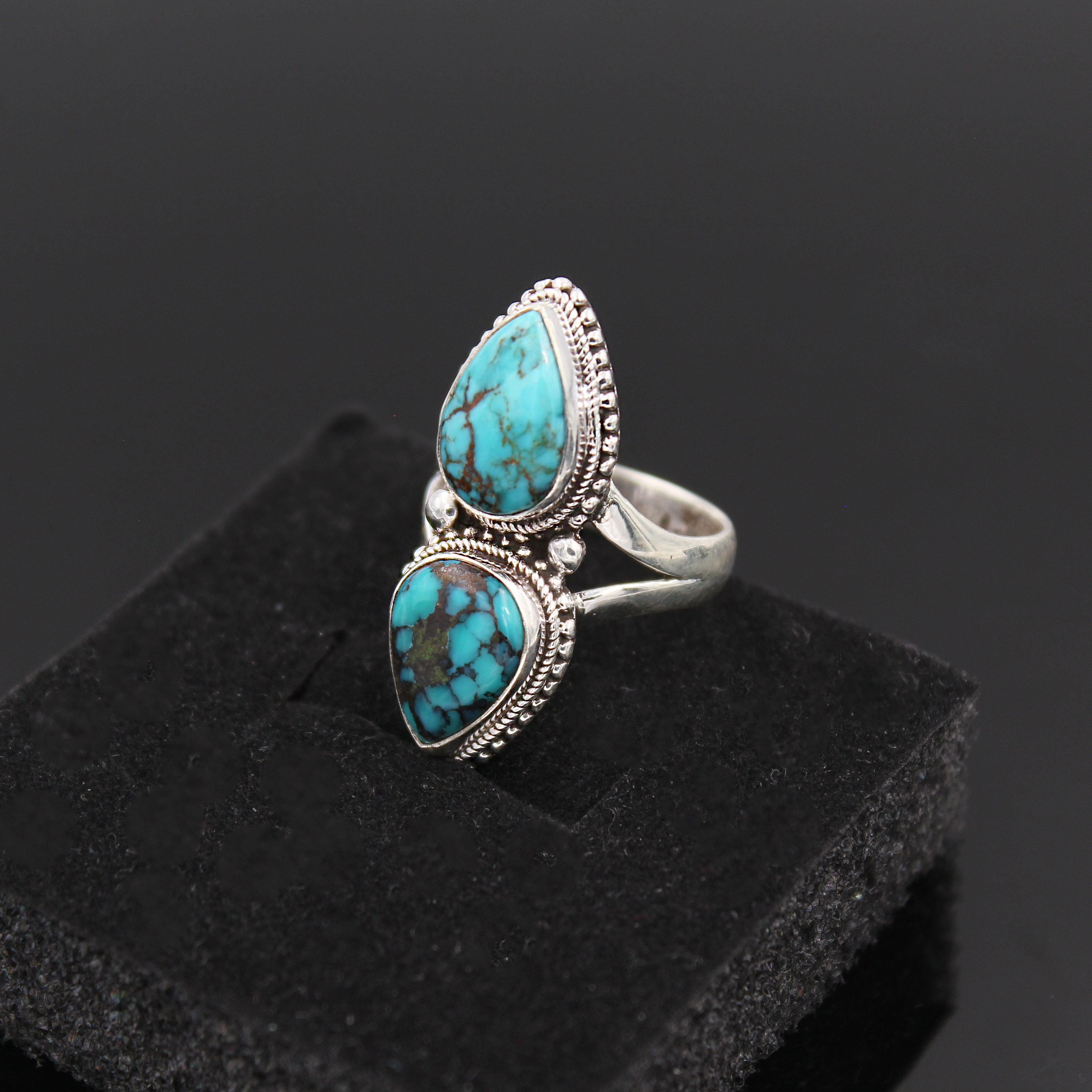 Turquoise Ring. Double Natural Turquoise 925 Sterling Silver - Etsy