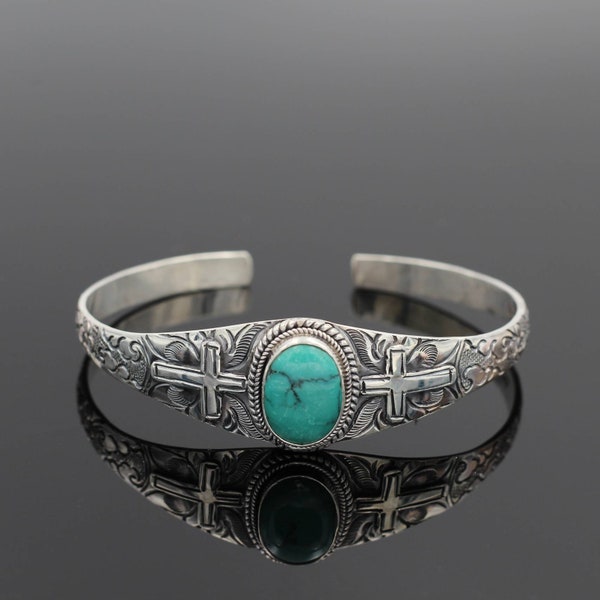 Floral Turquoise Cuff Bracelet. Oval Natural Turquoise Engraved Cuff Bangle. 925 Sterling Silver Rose Lotus Stamped Adjustable Cuff Bracelet