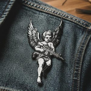 May include: A black and white patch of a cherub holding a rifle is sewn onto a denim jacket. The cherub has detailed wings and is in a dynamic pose. The jacket is a medium wash denim with visible stitching.