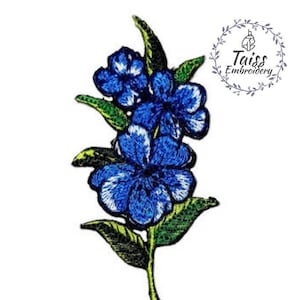 May include: Blue embroidered flower patch with green leaves.