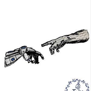 May include: A black and white embroidery design of two hands reaching towards each other. The hand on the left is a robotic hand, while the hand on the right is a human hand. The design is based on the famous painting "The Creation of Adam" by Michelangelo.