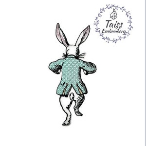 May include: White rabbit wearing a teal waistcoat with a checkered pattern, running with its back to the viewer. The rabbit is from the story Alice in Wonderland.
