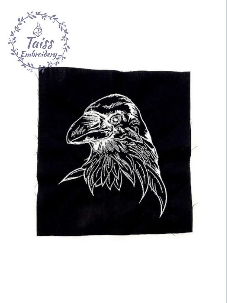 May include: White embroidered raven design on a black fabric patch.
