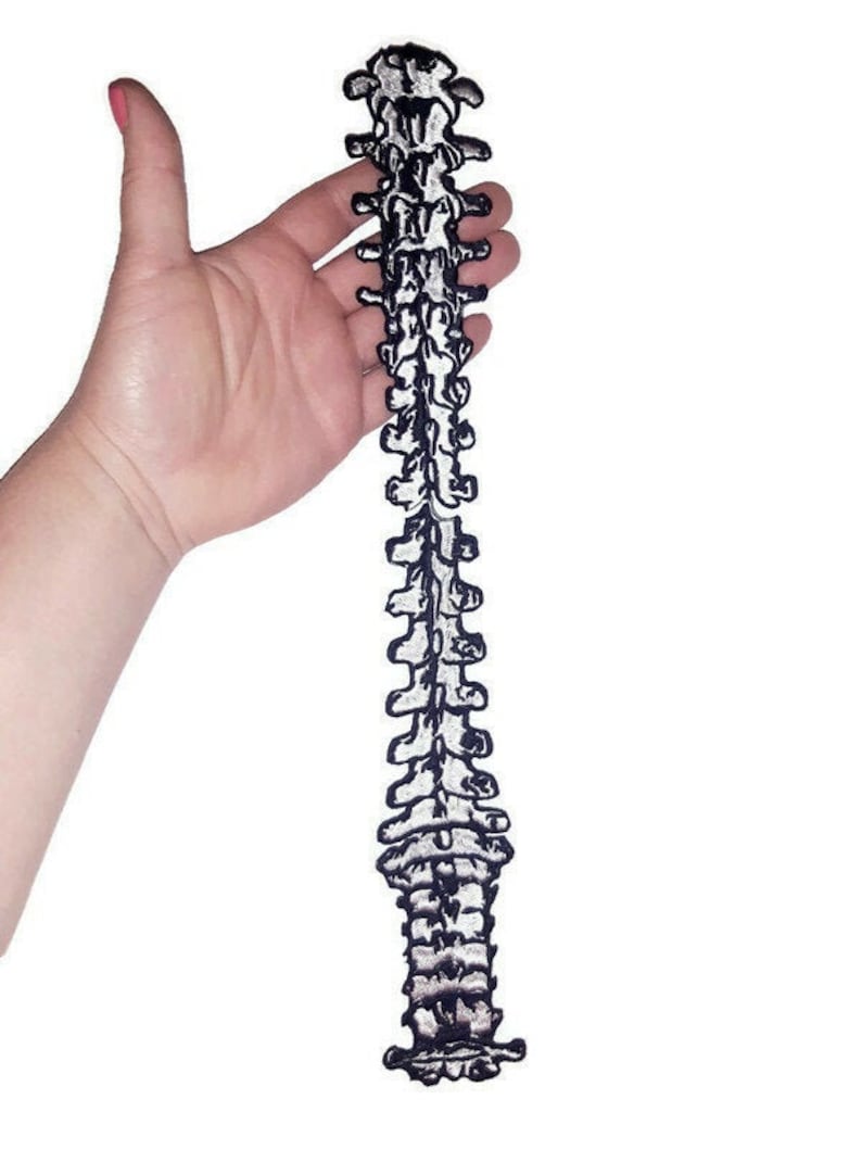 May include: A black and white embroidered patch of a human spine. The patch is about 6 inches long and is held in a person's hand.