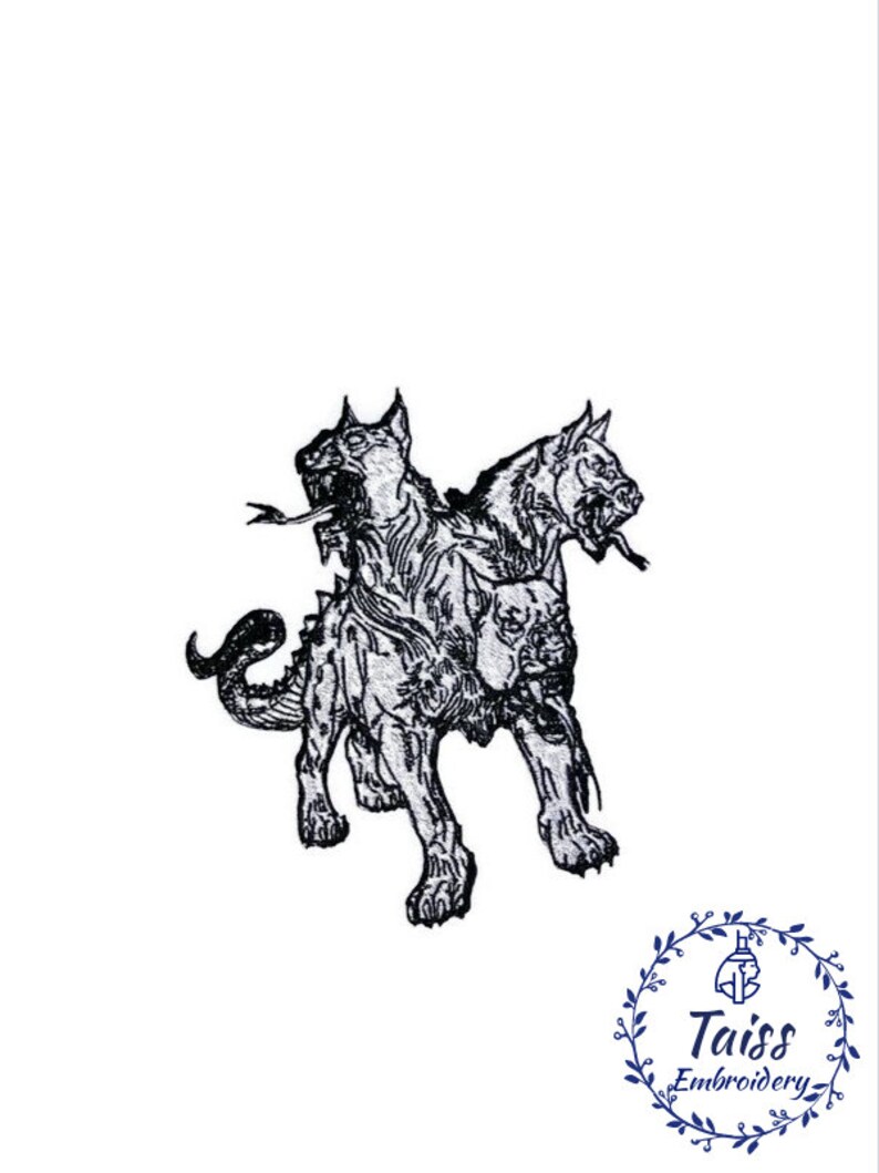 Op de afbeelding: Zwart-wit geborduurde patch van een driekoppige hond, een mythisch wezen met een slangachtige staart.