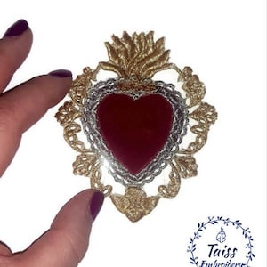 Milagros heart, Sacred heart, embroidered patch, Large iron on patch,gold applique,sew on patch, aesthetic patch