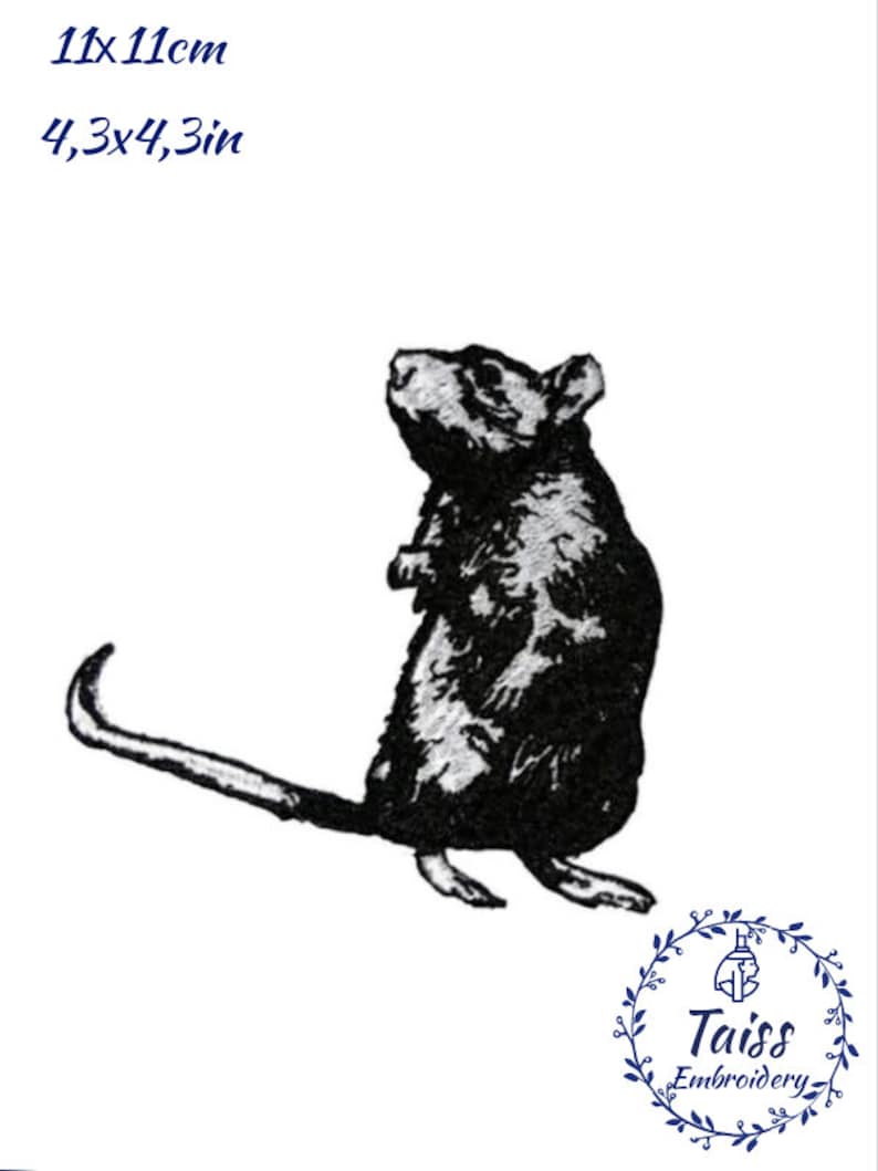 May include: Black and white embroidery design of a rat standing on its hind legs with its tail curled behind it. The design is 11cm by 11cm.