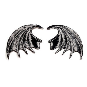 May include: A pair of black and silver embroidered iron-on patches depicting a pair of demon wings.