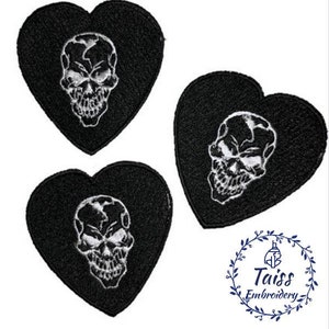 Parche de corazón, calavera negra, paquete de 3 parches termoadhesivos
