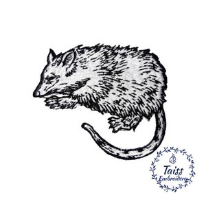 May include: Black and white line art embroidery design of a curled up possum.