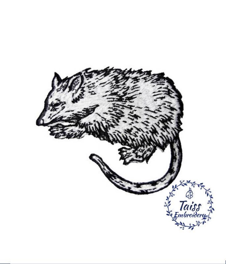 May include: Black and white line art embroidery design of a curled up possum.