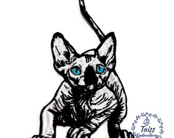 Aufnäher mit Sphynx-Katze – Aufnäher mit blauäugiger Nacktkatze zum Aufbügeln – Gothic-Kätzchen-Stickerei – Geschenk für Liebhaber haarloser Katzen – Tierdeko im Hexen-Stil