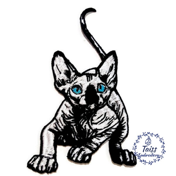 Sphynx Cat Embroidered Patch - Blue Eyed Naked Cat Iron On Patch - Gothic Kitten Embroidery - Hairless Cat Lover Gift - Witchy Animal Decor
