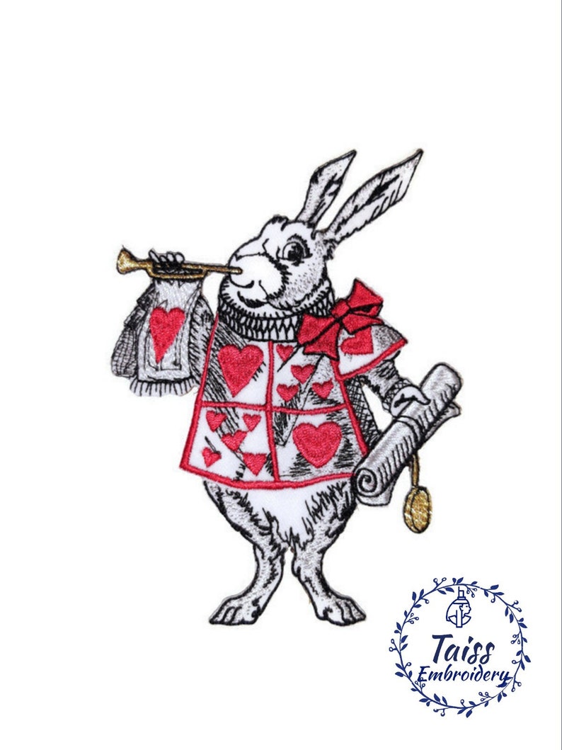 Naszywka z białym królikiem • Naszywka Alicja • Haftowane żelazko na naszywce • Naszywka Szalonego Kapelusznika rabbit with hearts