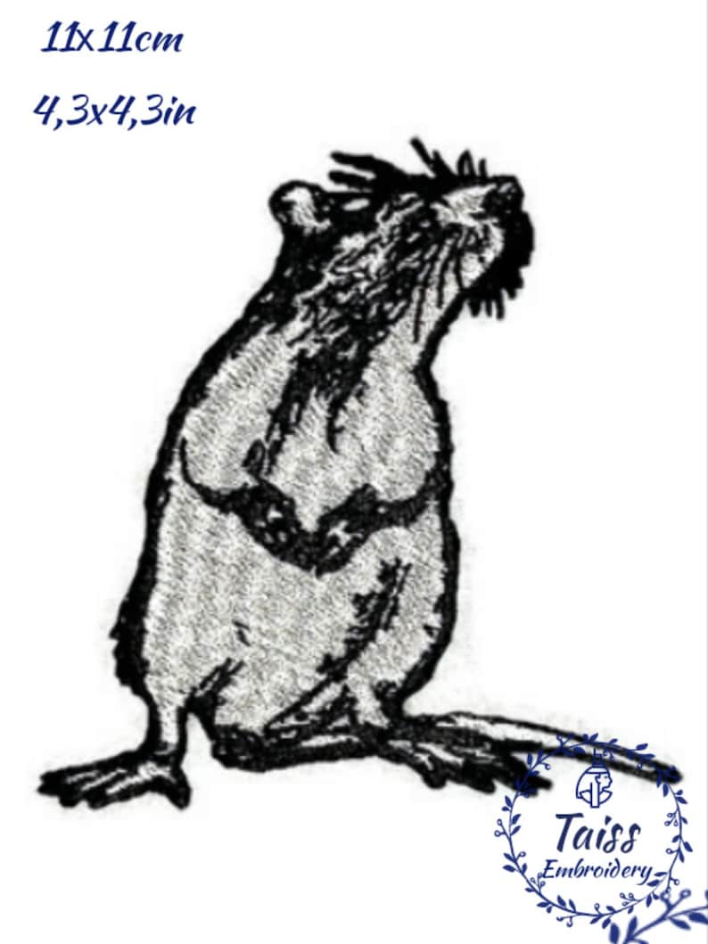 May include: Black and white embroidered design of a rat sitting up with its head tilted back. The design is approximately 11cm by 11cm.
