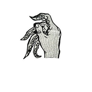 May include: A black and white illustration of a hand with tentacle-like fingers. The hand is shaded with gray and has a detailed design. The background is plain white.