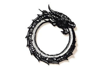 Embroidered Ouroboros Dragon Patch, Iron-On Applique, 10.5x9.5cm, Mythical Serpent Symbol