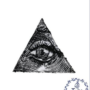 May include: Black and white illustration of an eye inside a triangle. The eye is detailed and has a realistic look. The triangle is filled with lines and shading.