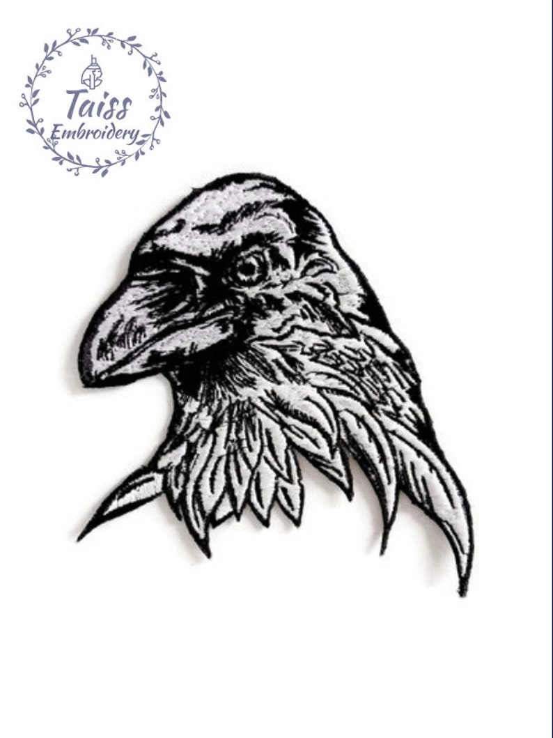 May include: Black and white embroidered iron-on patch of a raven's head.