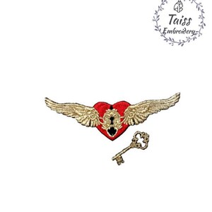 May include: Gold embroidered patch with a red heart with a keyhole and wings. A gold key is below the heart.
