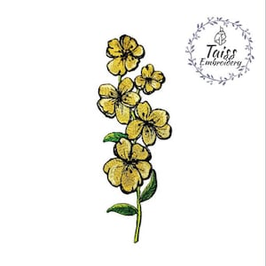 Könnte beinhalten: Ein gestickter gelber Blumen-Patch mit grünen Blättern und Stielen. Der Patch ist perfekt, um Kleidung, Taschen oder anderen Bastelarbeiten einen Hauch von Natur zu verleihen.