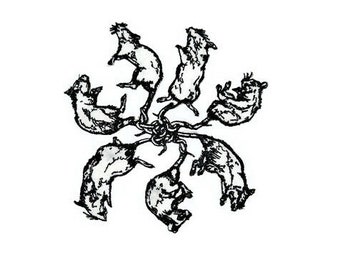 May include: Black and white line drawing of seven mice in a circle, with their tails intertwined in the center.