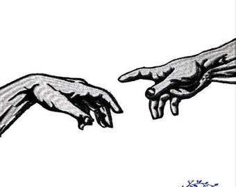 May include: Black and white line art embroidery design of two hands reaching towards each other. The design is reminiscent of Michelangelo's The Creation of Adam. The design is framed by a wreath with the text "Taiss Embroidery" in blue.