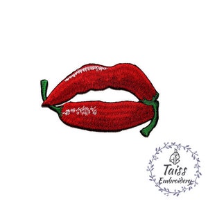 May include: Red embroidered patch of a pair of lips shaped like a chili pepper. The patch has a green stem and leaves.