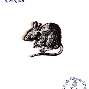May include: Black and white embroidered iron-on patch of a rat, measuring 9.9 cm by 8.9 cm. The patch is perfect for adding a whimsical touch to clothing, bags, or other fabric items.