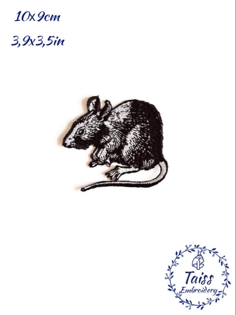 May include: Black and white embroidered iron-on patch of a rat, measuring 9.9 cm by 8.9 cm. The patch is perfect for adding a whimsical touch to clothing, bags, or other fabric items.