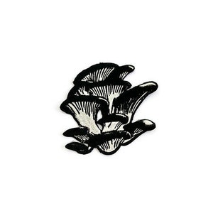 May include: Black and white illustration of a cluster of mushrooms. The mushrooms are drawn in a detailed, realistic style.