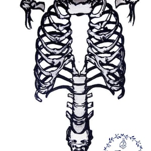 Puede incluir: Parche bordado en blanco y negro de una caja tor&aacute;cica y una columna vertebral humanas. El parche est&aacute; sobre un fondo blanco. El texto "Taiss Embroidery" est&aacute; en un c&iacute;rculo azul con una corona alrededor.