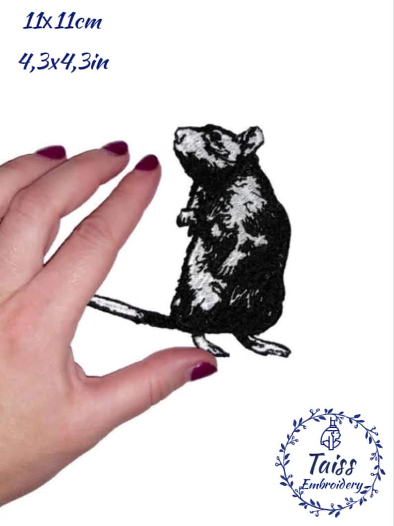 May include: Black and white embroidered iron-on patch of a standing mouse, measuring 11cm by 11cm. The patch is shown on a hand for size comparison.