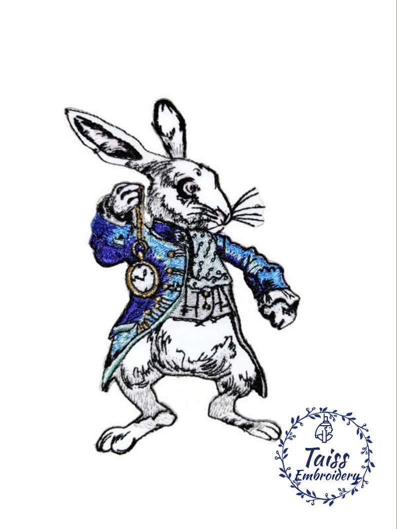 Naszywka z białym królikiem • Naszywka Alicja • Haftowane żelazko na naszywce • Naszywka Szalonego Kapelusznika rabbit with clock