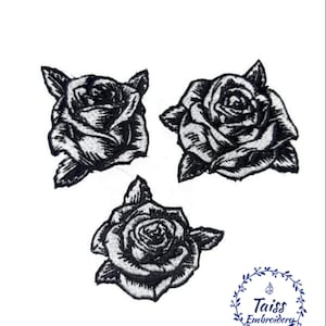 Può includere: Tre toppe di rose ricamate in bianco e nero. Ogni toppa presenta un design dettagliato di rosa con petali e foglie. Le toppe sono su sfondo bianco. Il testo "Taiss Embroidery" è in una ghirlanda floreale blu.
