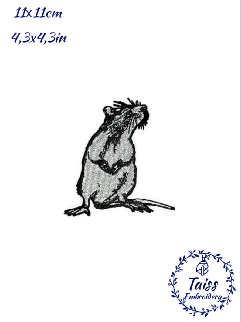 May include: Black and white embroidered design of a rat, measuring 11cm by 11cm.