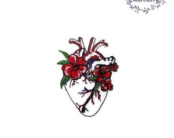 Heart whis flowers large embroidered patch. Iron on applique