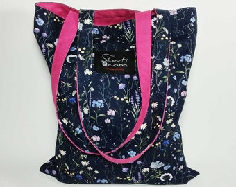 Borsa tote Skouficom, 100% cotone, fatta a mano, dimensioni 33 x 38 cm - Blu - Fiori - Prodotta in Grecia