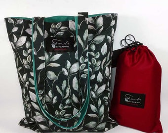 Skouficom Tote bag, 100% Cotton,Handmade, Size 33x38cm - Silver-green leaves-Made in Greece