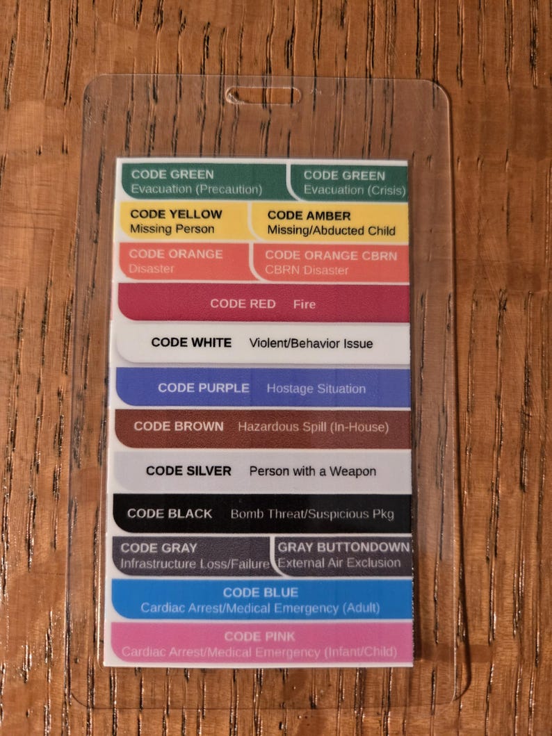 Peut inclure: Une carte plastifi&eacute;e avec des codes d'urgence &agrave; code couleur. Les codes incluent l'&eacute;vacuation, les personnes disparues, l'incendie, les situations d'otages et les urgences m&eacute;dicales. La carte est dans un &eacute;tui en plastique transparent.