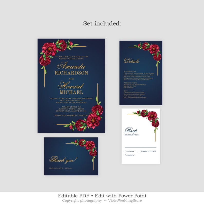 Gold Wedding INSTANT DOWNLOAD NRPS49 Red Peonies Wedding Suite Printable Navy Wedding Invitation Set Editable Floral Wedding Invitation