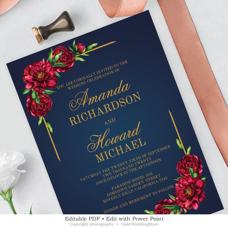 Gold Wedding INSTANT DOWNLOAD NRPS49 Red Peonies Wedding Suite Printable Navy Wedding Invitation Set Editable Floral Wedding Invitation